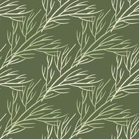 Botanic seamless doodle pattern with light tree branches silhouettes print. Pale green olive background. vector