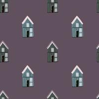 Minimalistic style seamless pattern with simple wood house ornament. Purple pale background. vector