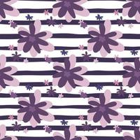 Purple daisy flowers seamless doodle patttern. White background with black strips. vector