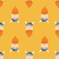 Seamless doodle pattern with viking character ornament. Stylized woodland man faces on orange background. vector