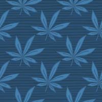 Simple seamless doodle cannabis pattern. Leaves and background with strips in navy blue palette. vector