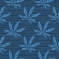 Simple seamless doodle cannabis pattern. Leaves and background with strips in navy blue palette. vector