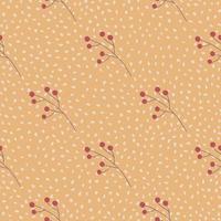 Abstract seamless pattern with red minimalistic berry branches. Orange dotted background. Spring print. vector