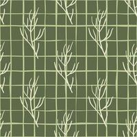 Fall palette seamless pattern with white contoured branches shapes. Green olive background with check. vector