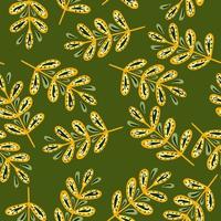 patrón botánico sin fisuras con elementos de ramas de hojas amarillas aleatorias. fondo verde estilo dibujado a mano. vector