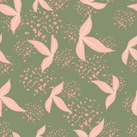 Random seamless botanic pattern with pink simple leaf ornament. Green background with splashes. vector