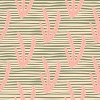 Pink doodle seaweed ornament seamless aquatic pattern. Grey striped background. Marine foliage design. vector