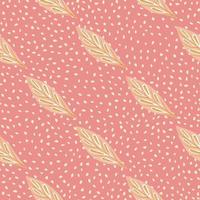 Beige diagonal doodle foliage ornament seamless pattern. Pink dotted background. Hand drawn style. vector