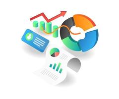 ilustración concepto isométrico. gráfico circular análisis de datos de barras inversión desarrollo empresarial vector