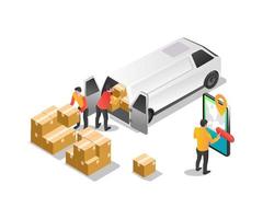 Isometric illustration concept. Van loading and unloading expedition team vector