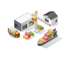 Isometric illustration concept. Warehouse delivering goods by sea vector