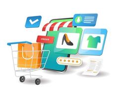 Illustration isometric concept. Putting shopping items in online cart vector