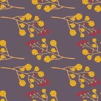 Nature seamless pattern with hand drawn orange and red colored blackberry print. Purple background. vector
