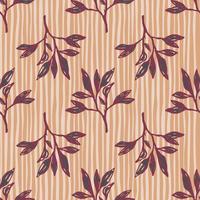 Maroon outline branch elements seamless doodle pattern. Orange stripped background artwork. vector