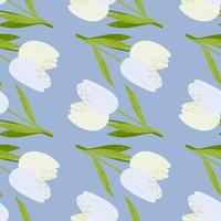 Hand drawn tulip flowers seamless pattern. Green stems and white buds on blue soft background. vector