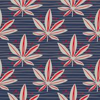 Seamless simple pattern with grey marijuana ornament and red details. Navy blue background with strips. vector