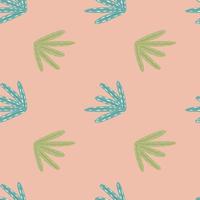 Pastel palette seamless pattern with green and blue colored foliage print. Pink background. Simple style. vector