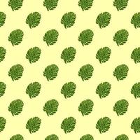 Little green diagonal monstera leaves seamless pattern. Light yellow background. Nature print. vector