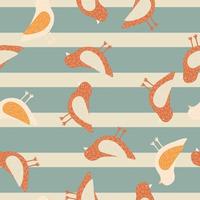 Ornithology seamless pattern with doodle orange random birds shapes. Blue striped background. vector
