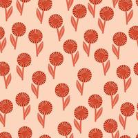 Red random geometric doodle flowers seamless pattern. Light pink pastel background. Botanic backdrop. vector