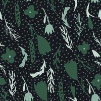 Dark forest stylized seamless flora pattern with branches and flowers. Green and light blue ornament on black dotted background. vector