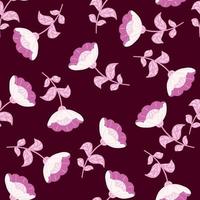 Nature seamless pattern with bright random lilac folk flowers print. Dark maroon background. vector