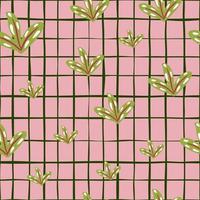 Abstract nature seamless pattern with green simple leaf silhouettes. Pink chequered background. Doodle artwork. vector