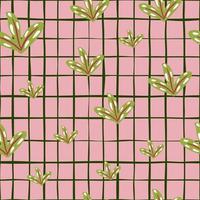 Abstract nature seamless pattern with green simple leaf silhouettes. Pink chequered background. Doodle artwork. vector