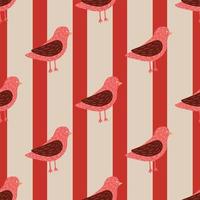 Bright animal seamless pattern with pink simple birds ornament. Grey and red striped background. vector