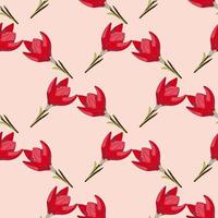 Geometric seamless pattern with red crocus flowers elements ornament. Light pink background. Simple style. vector