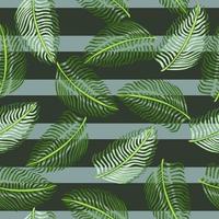 Random green fern leaves ornament seamless doodle pattern in simple tropic style. Striped background. vector