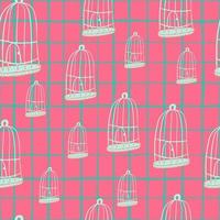 Abstract random seamless pattern with light blie bird cage shapes. Pink chequered background. vector