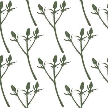 Spring seamless pattern with thorn twigs silhouettes. Green branches on white background. Botanic artwork. vector