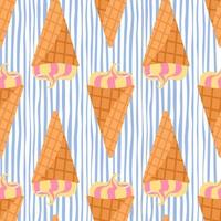 Bright food seamless pattern with ice cream in waffle cone. White background with blue strips. vector