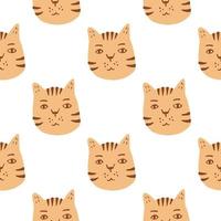 Isolated seamless cat doodle pattern. Pastel orange pets faces on white background. Simple childish backdrop. vector