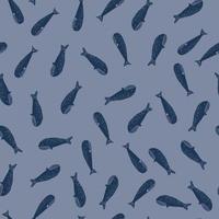 Simple sea school seamless doodle pattern. Hand drawn little fish silhouettes in navy color on soft blue background. vector