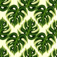 Natural seamless pattern with green monstera elements doodle print. Isolated abstract foliage tropical backdrop. vector