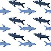 Seamless isolated pattern with blue shark shapes print. White background. Ocean underwater ornament. vector