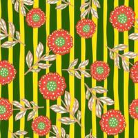 Bright summer abstract seamless pattern with pink flowers random ornament. Yellow and green striped background. vector
