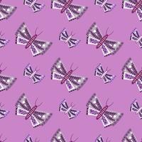 doodle de patrones sin fisuras con estampado de formas geométricas de mariposas de insectos. fondo pastel morado. vector