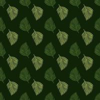 Dark nature tropic seamless pattern with doodle green leaves silhouettes. Dark background. Nature print. vector