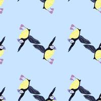 Zoo decorative seamless pattern with abstract puffin bird elements. Light blue background. Ornithology print. vector