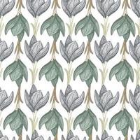 Green and blue colored seamless isolated pattern with outline crocus flower shapes. White background. vector
