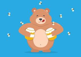 Vector cartoon character bear in hand hugging a jar of honey and bees flying around nectar. Flat style cartoon illustration vector.