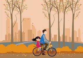 feliz padre con hija montando bicicleta en el parque de otoño con hojas de otoño familia en ropa de otoño con bufanda montando una bicicleta ilustración de dibujos animados de vector plano en concepto moderno