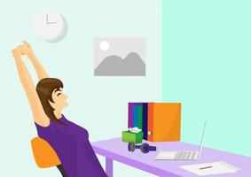 The girl sat at the table and raised her hands above her head. Because she works from her laptop until the job is done. flat style cartoon illustration vector