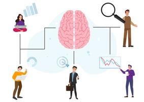 lluvia de ideas de oficina, negocios corporativos, análisis, presentaciones, hallazgos de enfoque. con hombres y mujeres trabajando juntos empleador de dibujos animados y concepto de vector de sistema de trabajo perfecto