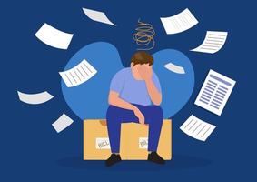 triste hombre de negocios sentado en una caja de cartón estresado con malas condiciones económicas ilustración de vector de dibujos animados de estilo plano