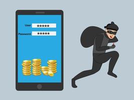 Los piratas informáticos que roban datos de teléfonos inteligentes pueden piratear códigos de usuario y contraseña para acceder a aplicaciones financieras. vector