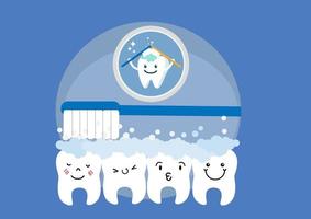 lindo diente blanco divertido. cepillarse los dientes con un cepillo de dientes con pasta de dientes y burbujas. diseño plano de icono redondo. ilustración de dibujos animados plana.